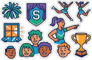 Fototapeta premium Cheerleading team spirit stickers with colorful cartoon athletes and symbols