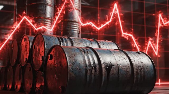 Stacked metallic oil barrels positioned against a vibrant glowing red financial graph illustrating volatile global markets and economic dynamics within the industrial energy sector.