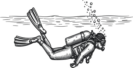 Scuba Diver Underwater Vintage Engraving Illustration for Ocean Exploration, Marine Adventure, Deep Sea Diving, and Underwater Sport Design © Ruma