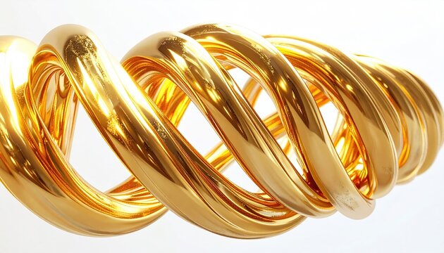 Gleaming golden helix curves and twists against a bright white backdrop