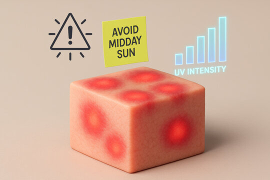 Conceptual skin hazard from sun exposure shown by an inflamed red patch on cube. warning icon, note to avoid midday sun, and rising UV intensity chart convey concerning risk