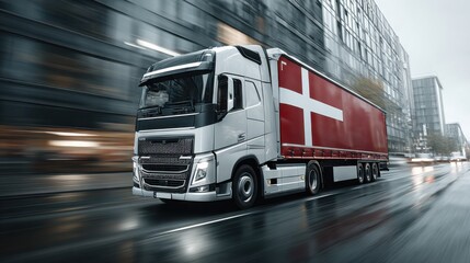 Naklejka premium Truck drives through a city street on a rainy day, delivering goods in a commercial area with modern buildings