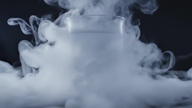 Mystic Fog Swirl. Dry Ice Fog Forms Mystical Atmosphere. Crystals And Clouds Merge In Surreal Lab Display Scene. Mysterious Vapors And Fog Intertwine To Create Dreamlike Laboratory Tableau