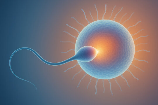 Science and biology illustration of fertilization, hopeful moment of conception. single sperm meets an egg or ovum, showing reproduction and creation of new life