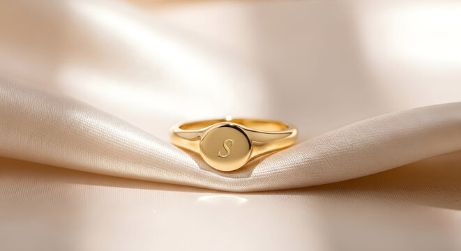 Elegant gold signet ring with initial 'S' on a luxurious beige silk fabric, perfect for jewelry e-commerce, fashion blogs, and upscale accessory promotions