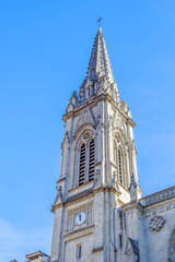 Santiago Cathedral Gothic Tower and Clock in Bilbao, Landmark in Casco Viejo, Spain