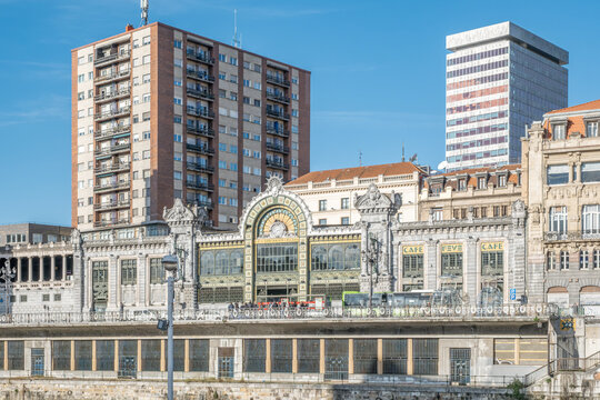 Concordia Train Station Modernist Facade in Bilbao, Railway Terminal, Spain