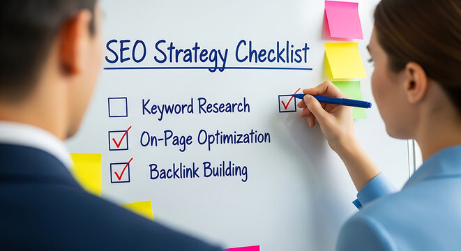 Checklist for SEO strategy with keyword research, on-page optimization, and backlink building being marked complete.
