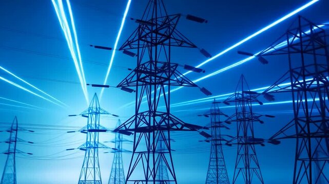 Transmission towers high voltage with blue light beams and power lines at night featuring electricity, energy, industrial with infrastructure and