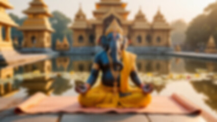 Fototapeta premium Blurred background of The elephant-headed god Ganesha performing Surya Namaskar in a calm and joyful yoga posture, adorned with golden jewelry and sacred cloth, peaceful temple garden with lotus.