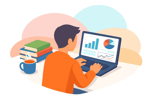 Man working on laptop with charts and graphs on screen.