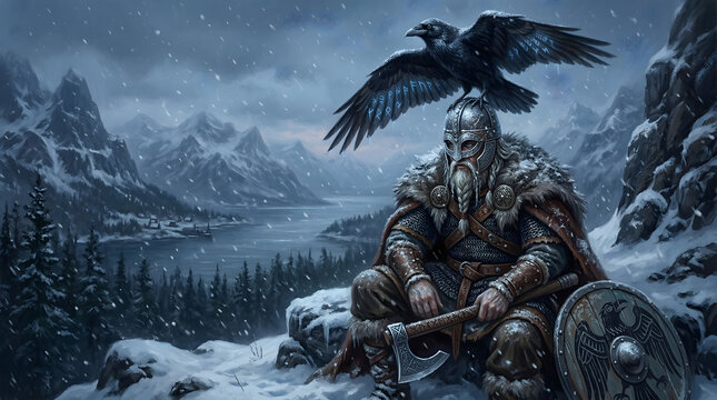 Sitting Viking Chief with Companion Raven in Cold Winter Forest