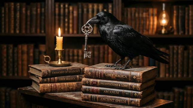 Intelligent Raven Perched on Antique Books Holding Iron Key in Library