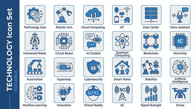 Modern Technology Icon Collection: A comprehensive compilation of technology icons, meticulously designed to illustrate innovation and digital progress. Featuring various technological aspects.
