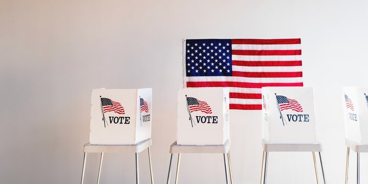 Voting booths with American flag. Us election voting private booth, Voting booth with US flag. Us election day. US election day. Vote for American democracy.