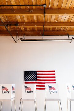 Voting booths with American flag. Us election voting private booth, Voting booth with US flag. Us election day. US election day. Vote for American democracy.