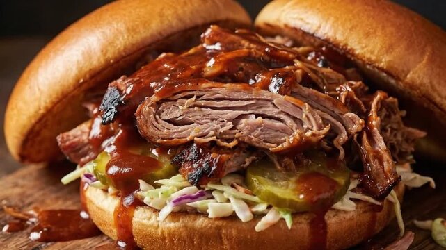 Pulled Pork Sandwich with Coleslaw and BBQ Sauce.