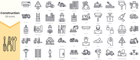 Simple Outline Set of Construction Icons. Thin Line Collection contains such Icons as construction worker, crane building, crane, decoration, detonator, drilling and more © TriMaker Pro