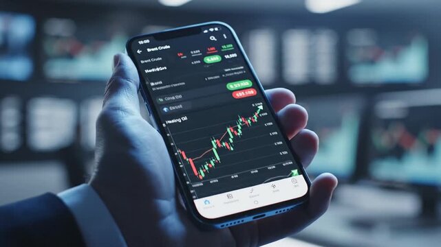 Financial display showing global energy prices for brent crude gasoil natural gas and heating oil trading on mobile smartphone stock market application screen during economic commodity exchange