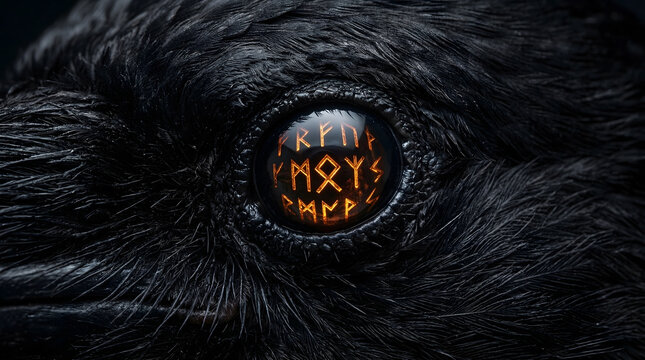 Intense Raven Eye Close Up with Fiery Orange Norse Runes
