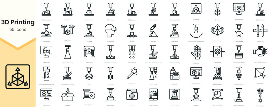 Simple Outline Set of 3D Printing Icons. Thin Line Collection contains such Icons as 3d architecture, 3d bridges, 3d scanner, laminated object manufacturing and more