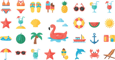 Fototapeta premium Summer Beach Icon Set with Swimwear, Drinks, Flamingo Float, Pineapple, Sunglasses, and Tropical Vacation Elements in Flat Vector Style