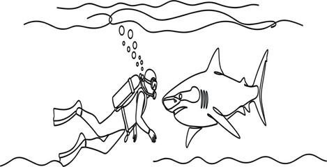 Scuba Diver and Shark Continuous Line Drawing Illustration for Underwater Adventure, Ocean Wildlife, Marine Exploration, and Extreme Sport Concept Design © Ruma