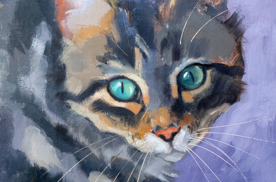 Painting of a close up of a cat with big blue eyes on a violet background