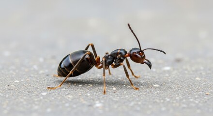 A dark brown ant walks on a gray concrete surface. The ant has long antennae and a segmented body.
