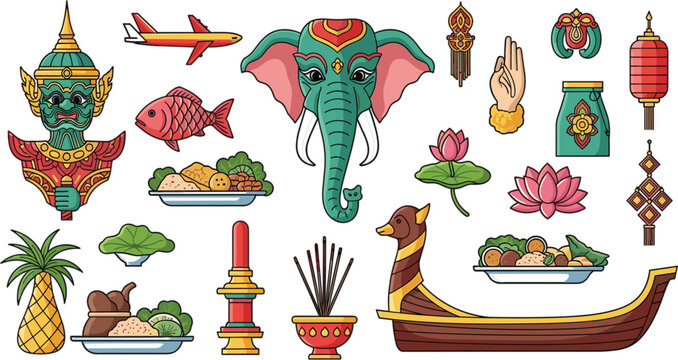 Thai Culture and Tradition Icon Set with Temple Guardian, Elephant Head, Lotus, Offerings, Long Boat, and Decorative Symbols in Flat Vector Style