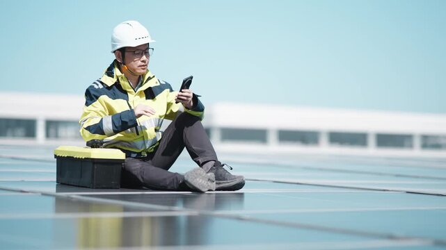 Solar engineer inspecting photovoltaic panels on a rooftop while seated outdoors