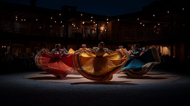 Dancers in vibrant Mexican folk costumes swirling during jarabe performance on outdoor plaza stage at sunset, full skirts creating circular motion blur in red yellow and green, ideal for Latin