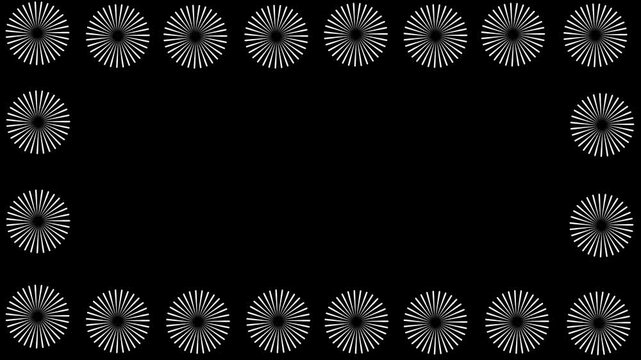 Celebration projects and promotional visuals featuring circle firework display animation on solid black background with geometric firework circle burst pop-up and glowing realistic spark hits.