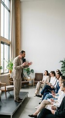 Business mentor teaching group during professional development workshop. Concept of leadership training, workplace education and corporate learning session.