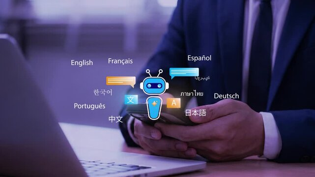 AI Chatbot Language Translation on Smartphone, Multilingual Communication with Virtual Language Icons, Artificial Intelligence Translator for Global Communication and Learning