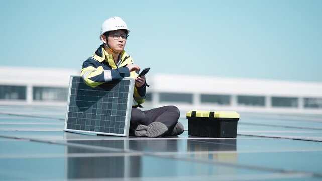 Solar engineer inspecting photovoltaic panels on a rooftop while seated with equipment
