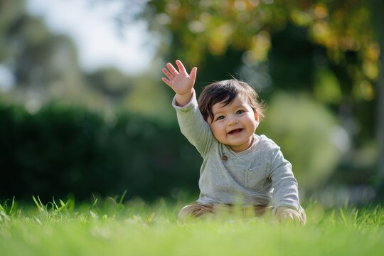Happy baby waving hello while sitting on a lush green lawn in sunlight