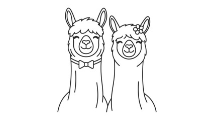 Fototapeta premium Alpaca Couple's Line Art: Charming and simple line art illustration depicting a pair of alpacas, the male wearing a bow tie, and the female with a floral accessory.