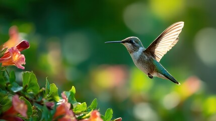 Fototapeta premium Hummingbird in mid-flight beside a blooming flower in a sunlit garden