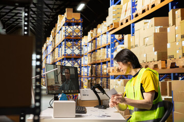 Fototapeta premium Warehouse clerk chatting on video call with a client on help line, fixing shipment details for cargo goods before delivery. Employee and customer on remote videoconference network.