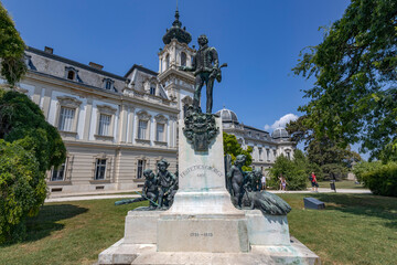 KESZTHELY, HUNGARY, JULY 17, 2024 - The statue of Count Gyorgy Festetics of Tolna, located in front of the famous Festetics Palace in Keszthely, Hungary
