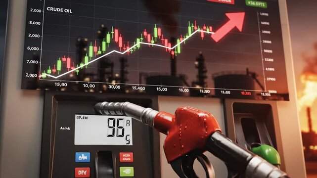 Global Energy Crisis and Financial Market Analysis showing Crude Oil Commodity Price Increase with Rising Stock Chart Graph indicating High Fuel Demand and Gasoline Cost Inflation Trends.