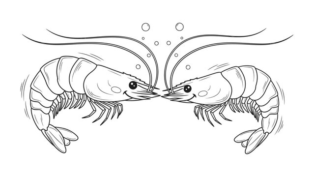 Two Happy Shrimp: A charming illustration of two smiling shrimp facing each other with bubbles rising from the water, conveying a sense of lightheartedness and fun.