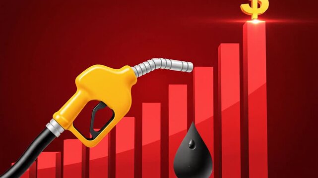 Rising oil price concept showing yellow gasoline fuel pump nozzle with liquid drop over red growth bar chart background vector illustration representing global energy inflation and economy cost.