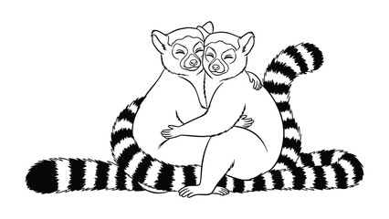 Cuddling Lemurs: A heartwarming illustration of two lemurs embracing in a tender moment of affection, their striped tails intertwined and faces close. © AJM