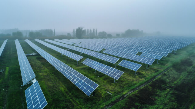 Photovoltaic panel after rain in cloudy day.Aerial view over Solar cells energy farm in countryside landscape
