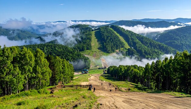 A scenic vista reveals mountain slopes with cut paths winding amidst vibrant green trees and soft clouds. Sunlight gently illuminates the landscape