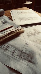 Working drawing, sketch plans, drawings and creation of an architectural model of construction. Bathhouse. Close-up.