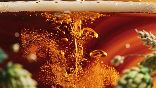Bubbles rising in a glass of amber beer with hops and wheat.