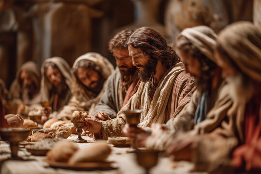 The Last Supper Jesus Christ Surrounded by Apostles Sharing Bread and Wine in Warm Holy Thursday Biblical Scene